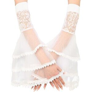 Women's White-02 Detachable Arm Sleeves Tulle Long Lace Gloves Halloween Party